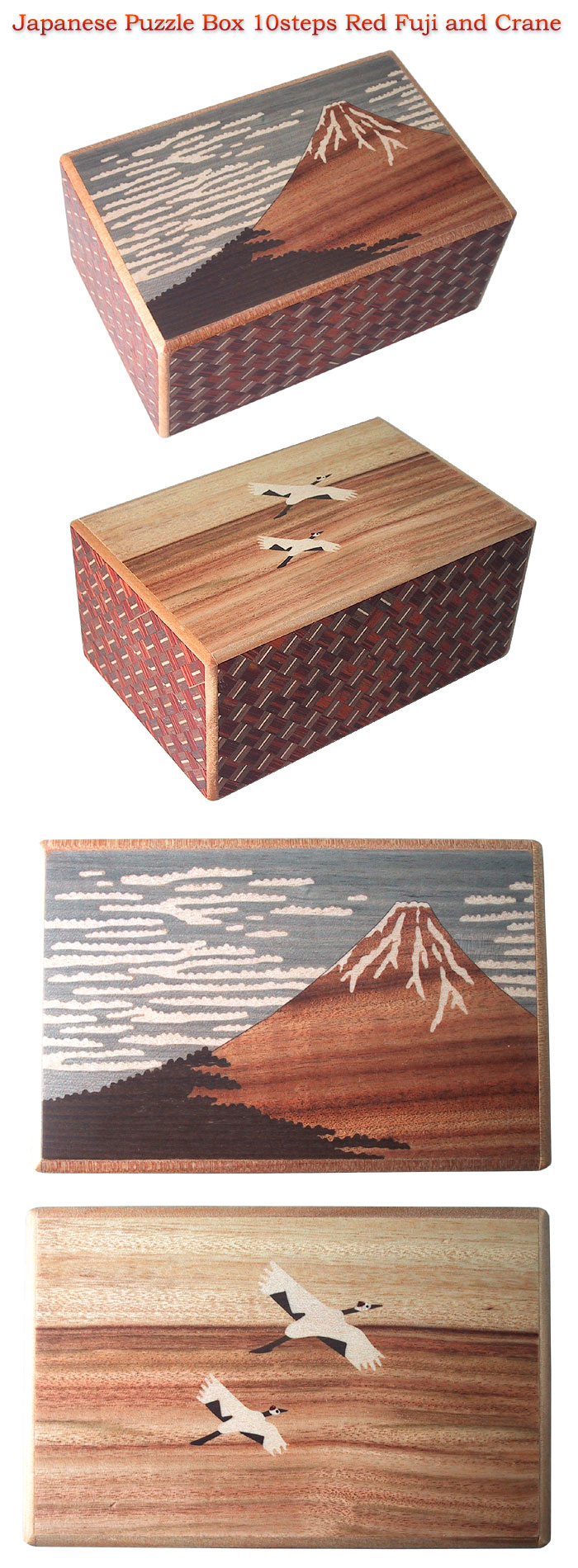 Japanese Puzzle box 10steps "Red Fuji and Crane"